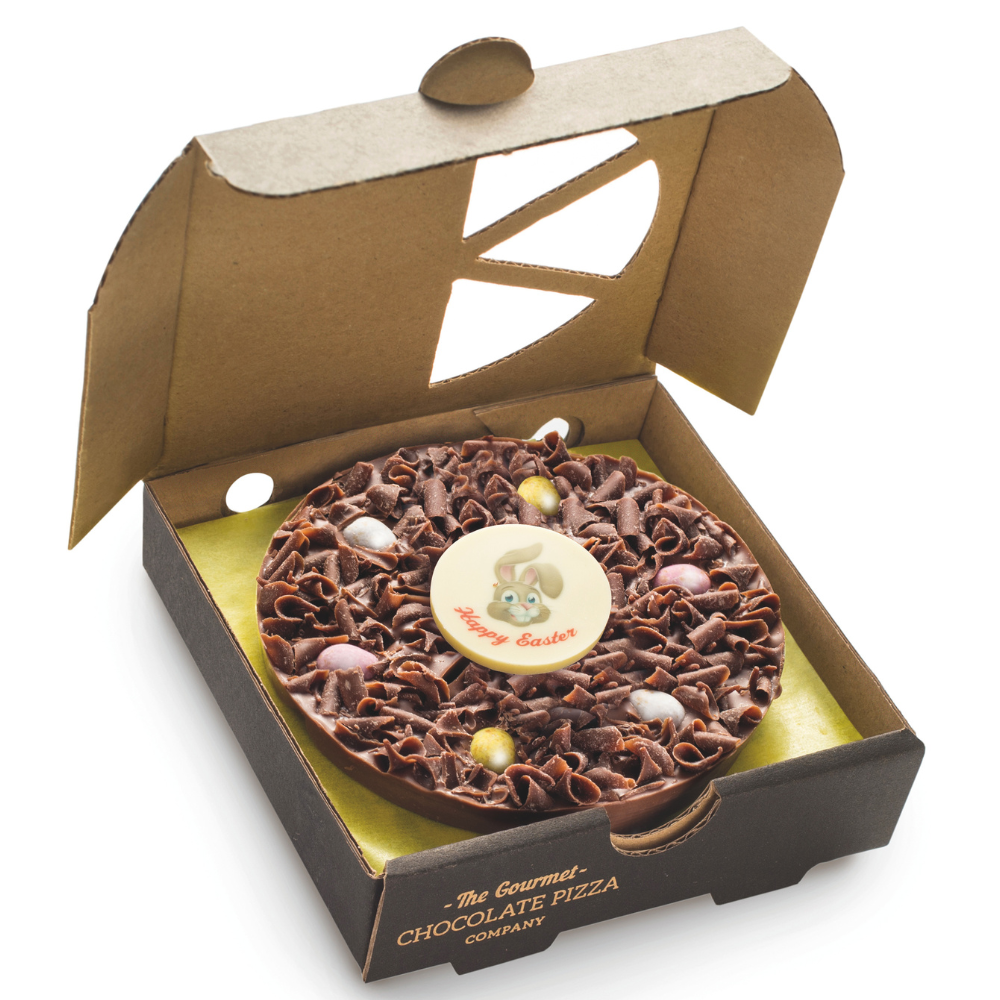 Our 4" Mini Easter Pizza is decorated with candy covered chocolate eggs and a white chocolate Happy Easter plaque with bunny design.